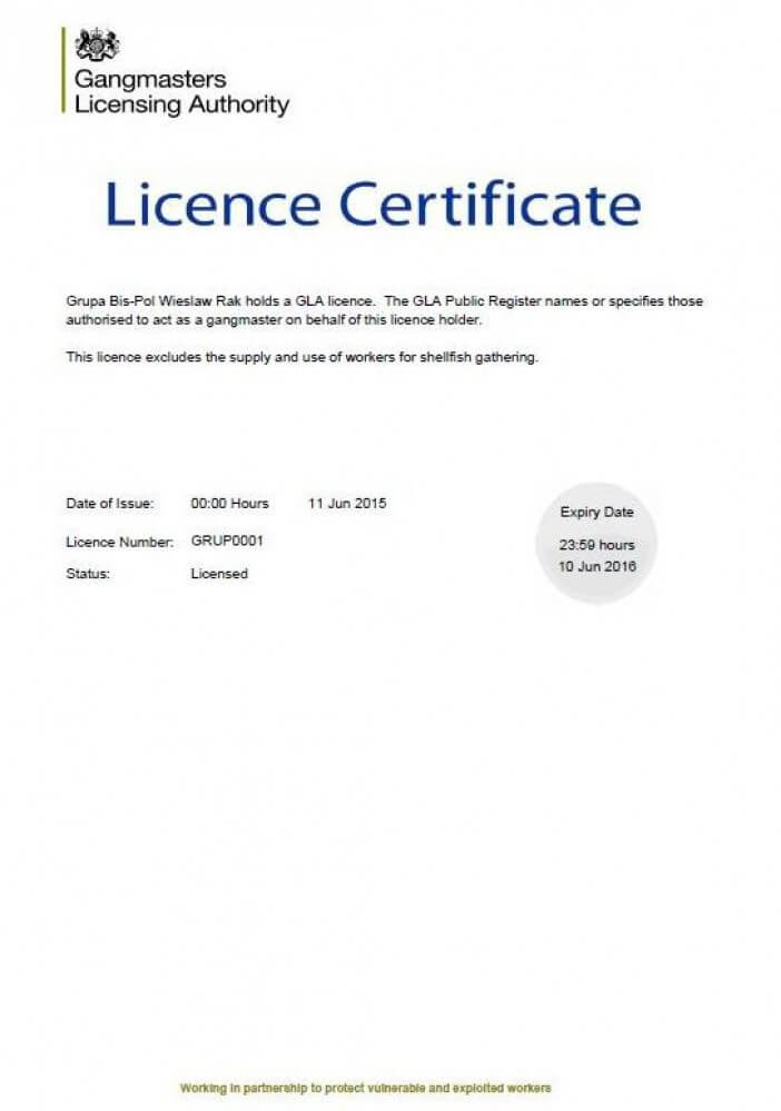 english certificate Certificat de licence GLA Gangmasters